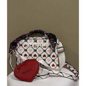 Steve Madden Bevelyn Heart Print Top Handle Crossbody Satchel Bag White Pink Red